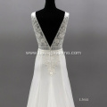 Modern Watteau Train Lace V Neck Illusion Backless Sleeveless Custom Wedding Dress Bride